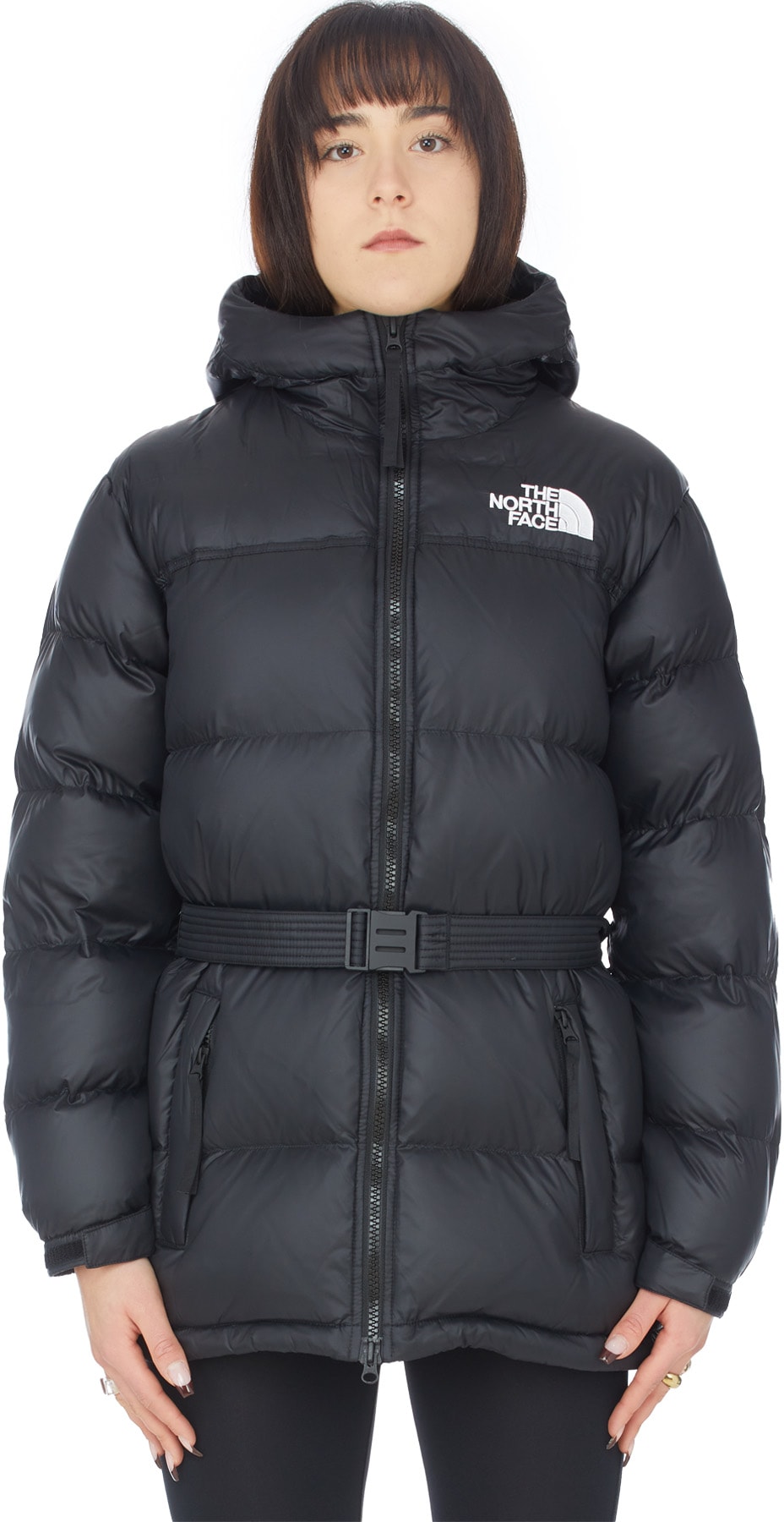 The North Face: Black Nuptse Belted Mid Jacket - 1