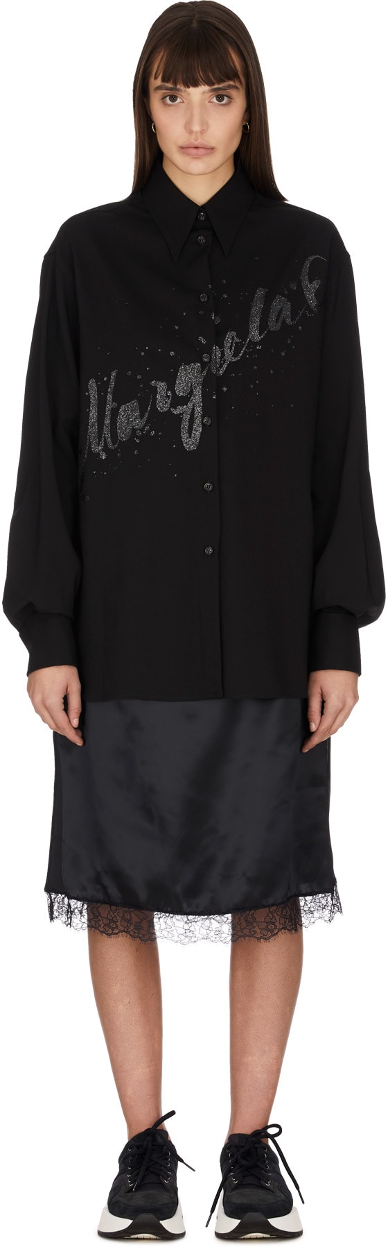 MM6 Maison Margiela: Black Multi-Wear Spliced Glitter Logo Shirt Dress - 1