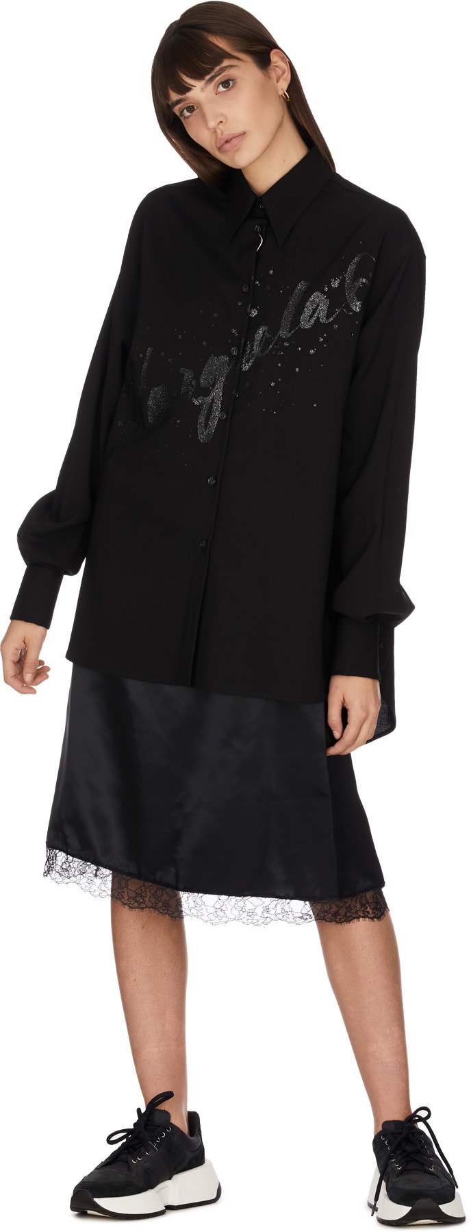MM6 Maison Margiela: Black Multi-Wear Spliced Glitter Logo Shirt Dress - 4