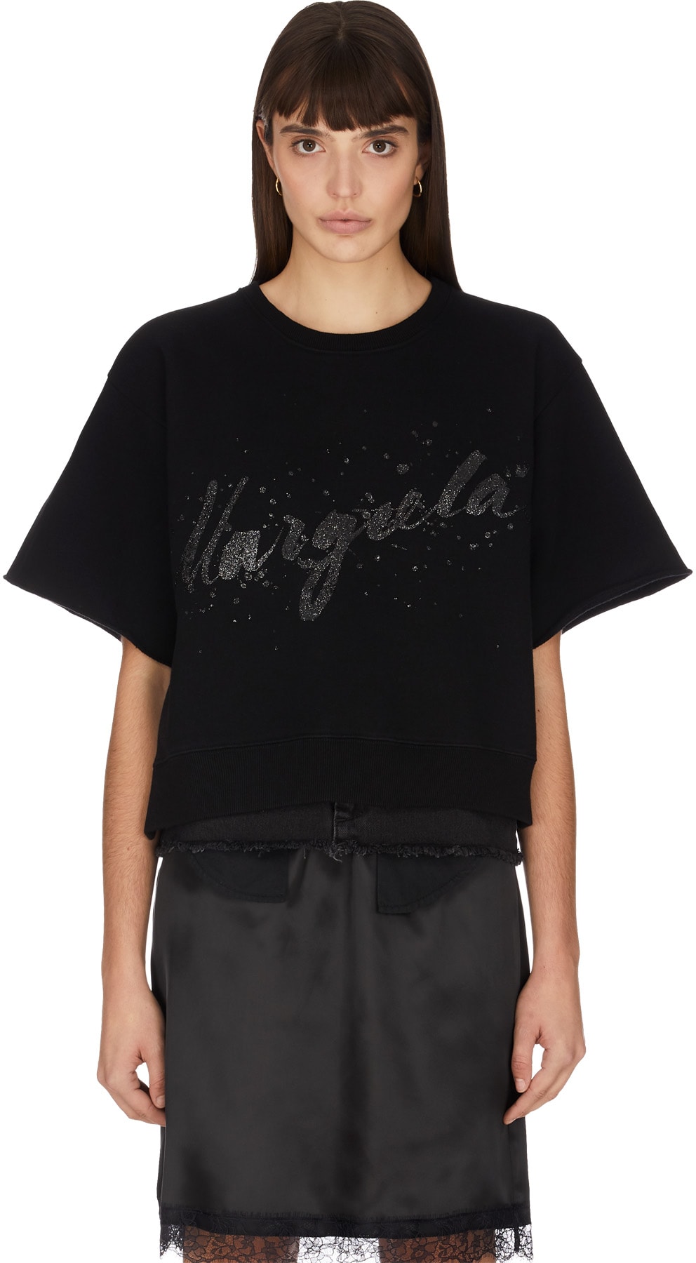 MM6 Maison Margiela: Black Glitter Logo Short Sleeve Sweater - 1