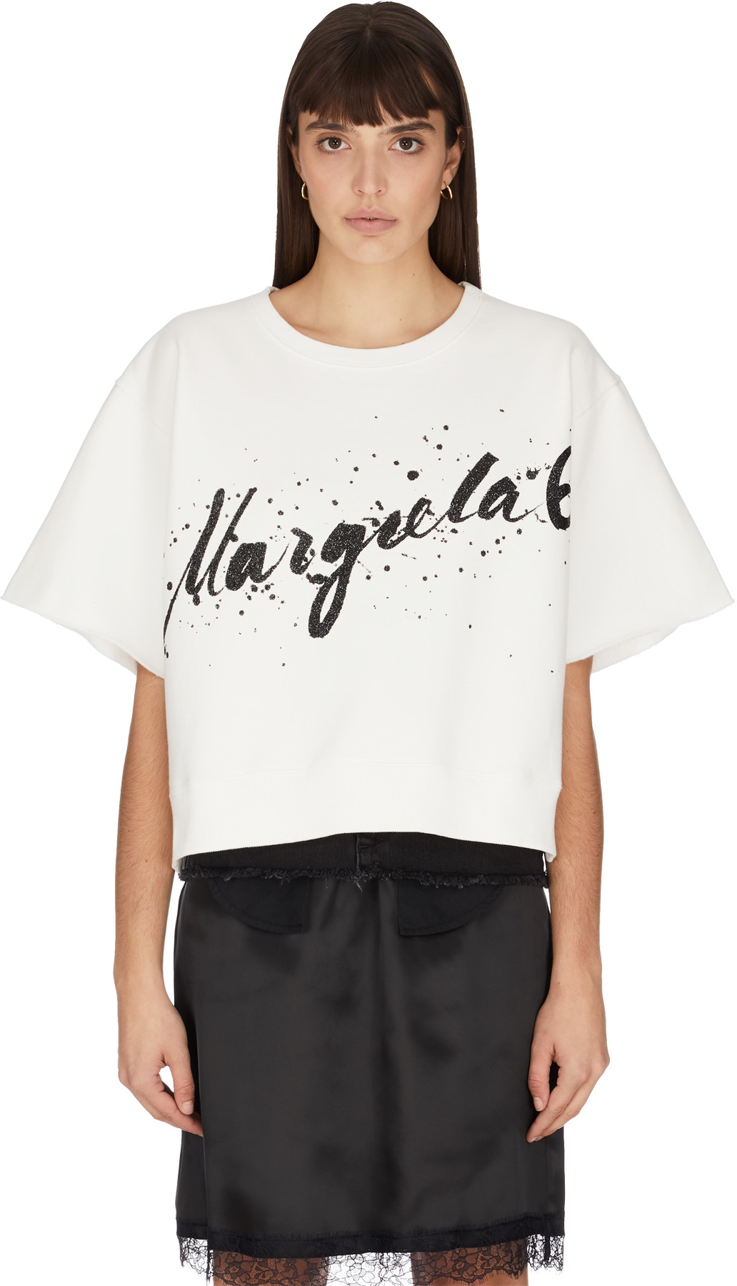 MM6 Maison Margiela: White Glitter Logo Short Sleeve Sweater - 1