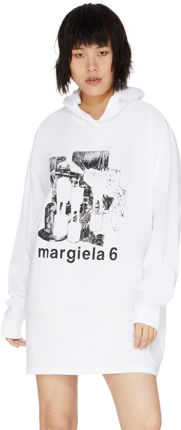 MM6 Maison Margiela: White Oversized Logo Hoodie Dress - 4