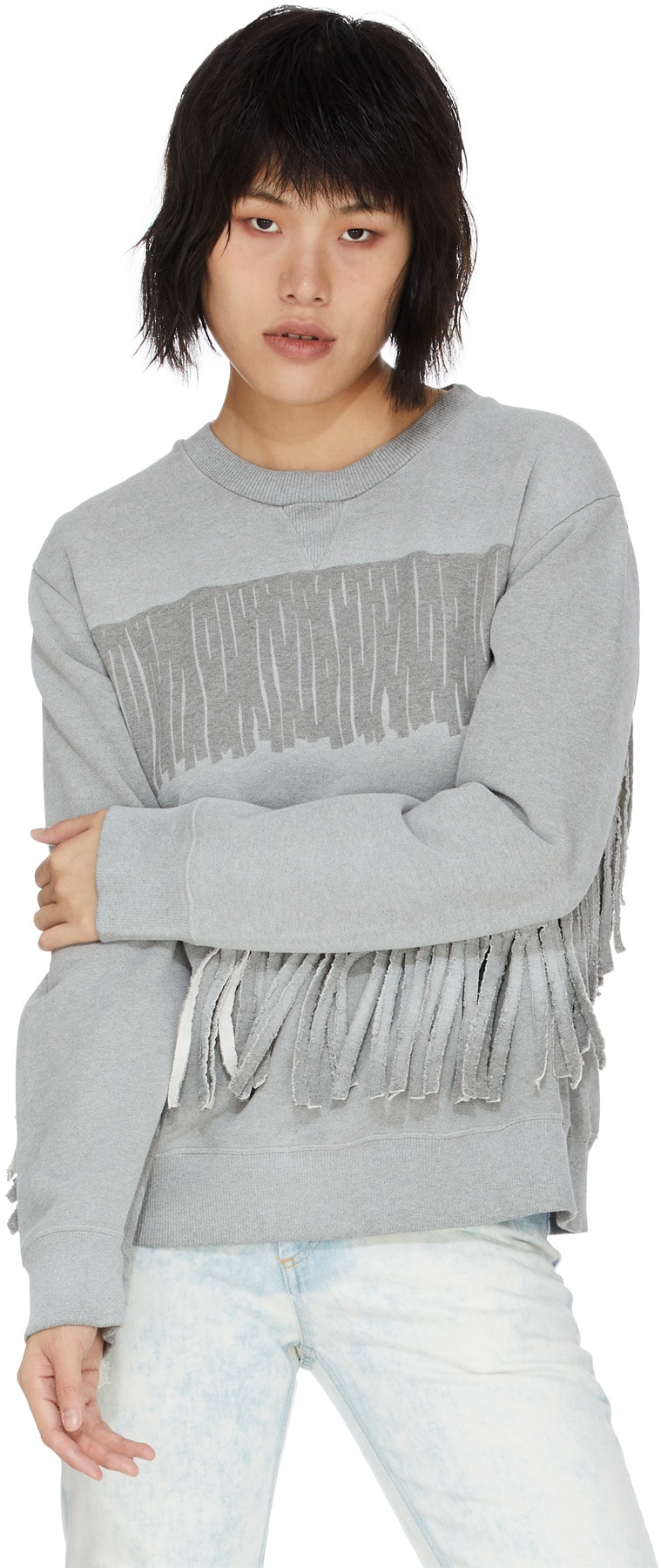 MM6 Maison Margiela: Grey Fringe Crew Sweater - 3