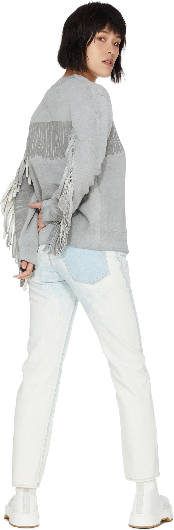 MM6 Maison Margiela: Grey Fringe Crew Sweater - 4