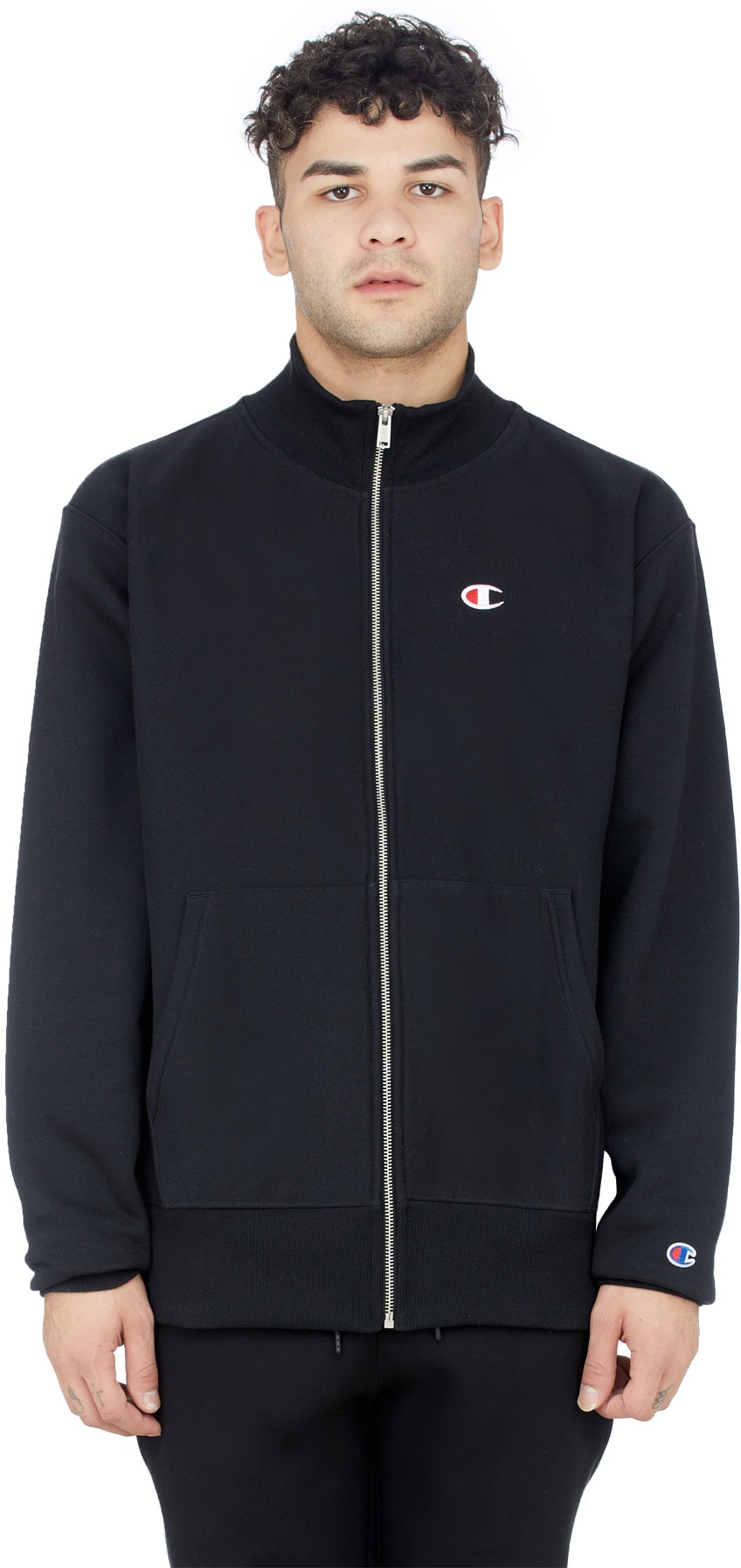 Champion: Black Reverse Weave Zip Mock Neck Sweater - 1