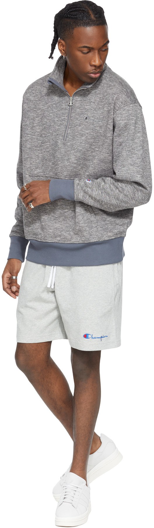 Champion: Grey Marled Fleece 1/4 Zip Sweater - 4