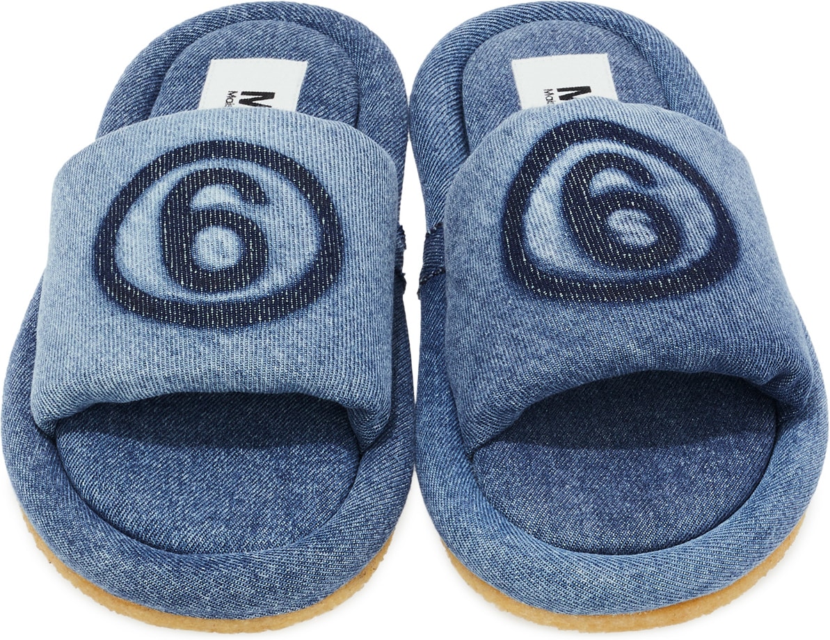MM6 Maison Margiela: Blue Shadow Logo Denim Sandals - 4