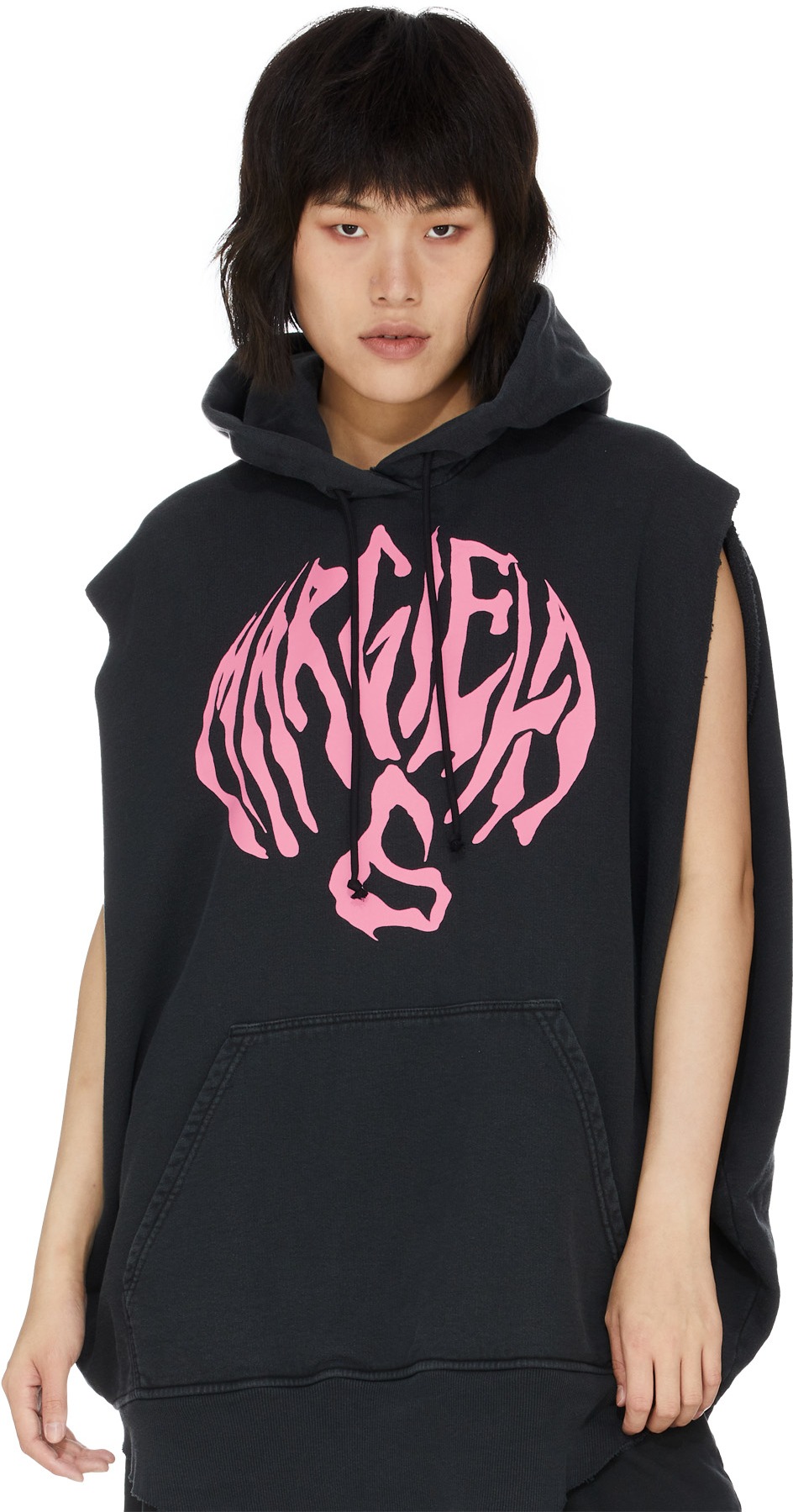 MM6 Maison Margiela: Black Oversized Cut Off Logo Circle Hoodie - 3