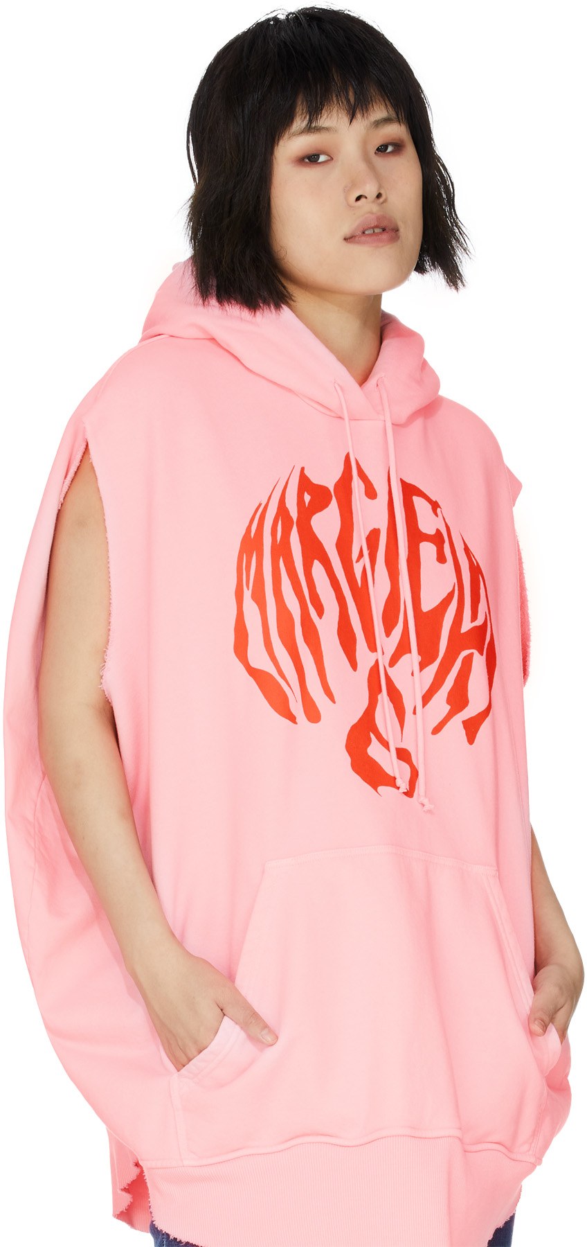 MM6 Maison Margiela: Pink Oversized Cut Off Logo Circle Hoodie - 3