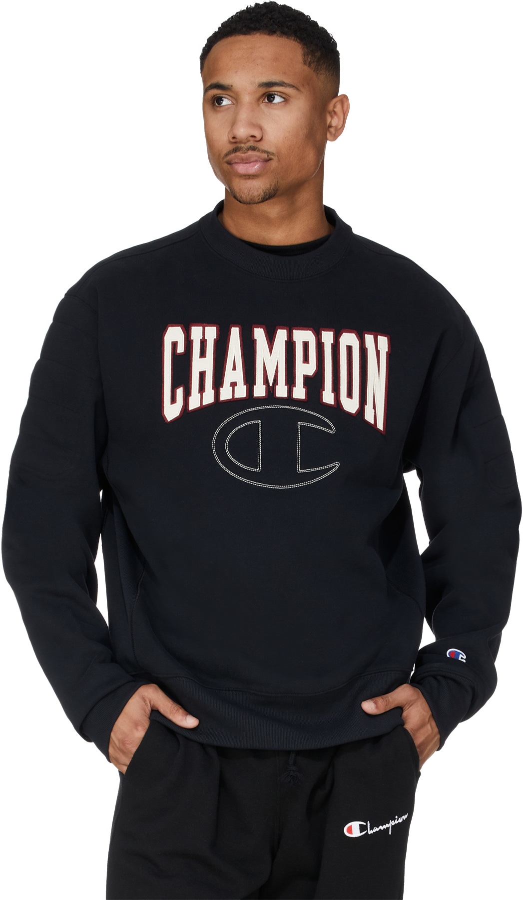 Champion: Black Reverse Weave Quilted Crew Pullover Sweater - 3