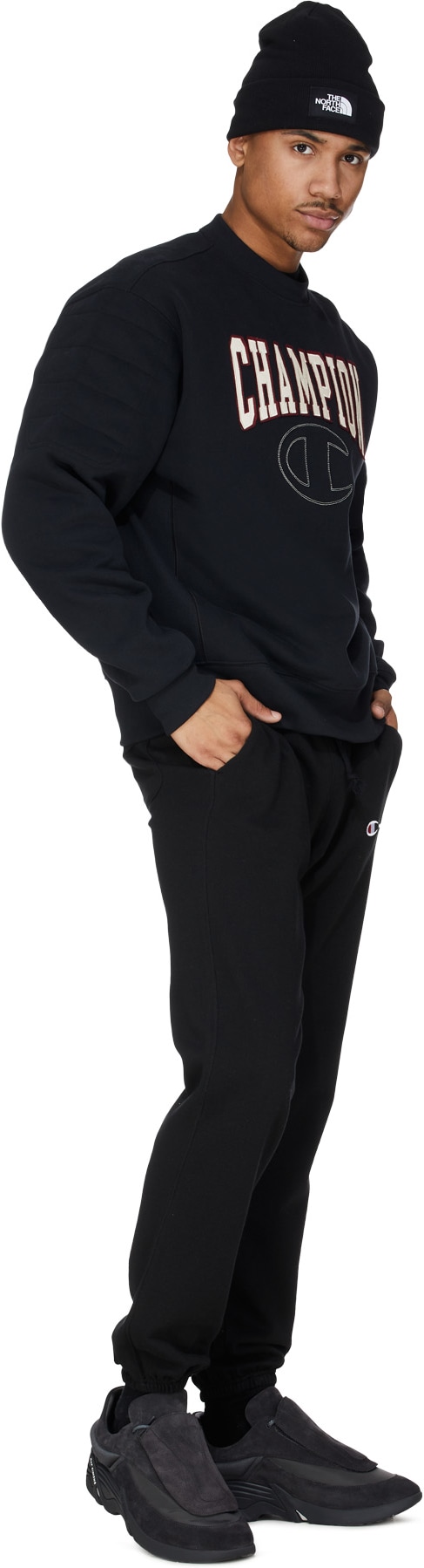 Champion: Black Reverse Weave Quilted Crew Pullover Sweater - 4