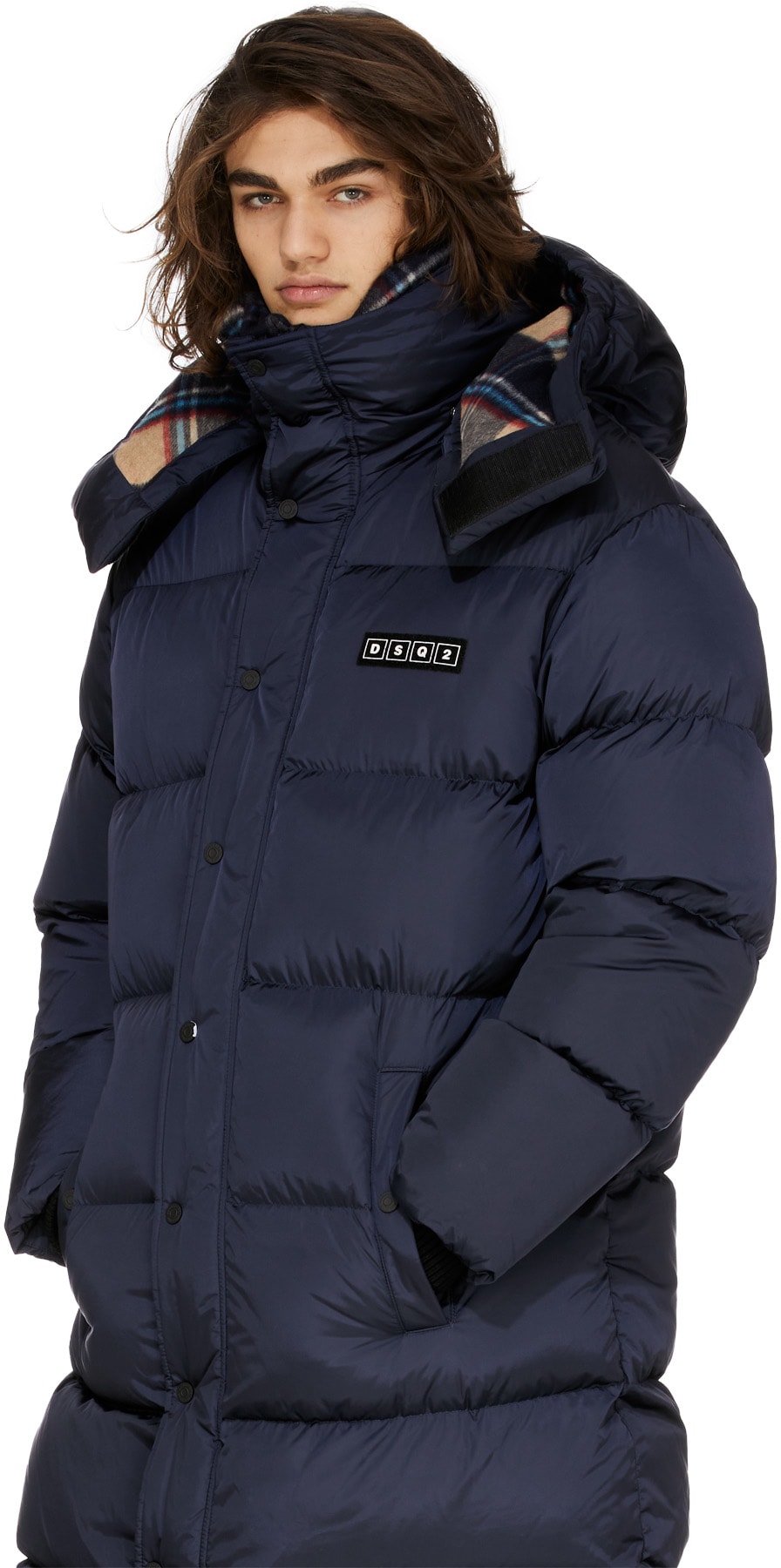 Dsquared2: Blue Check Wool Long Puffer Coat - 4
