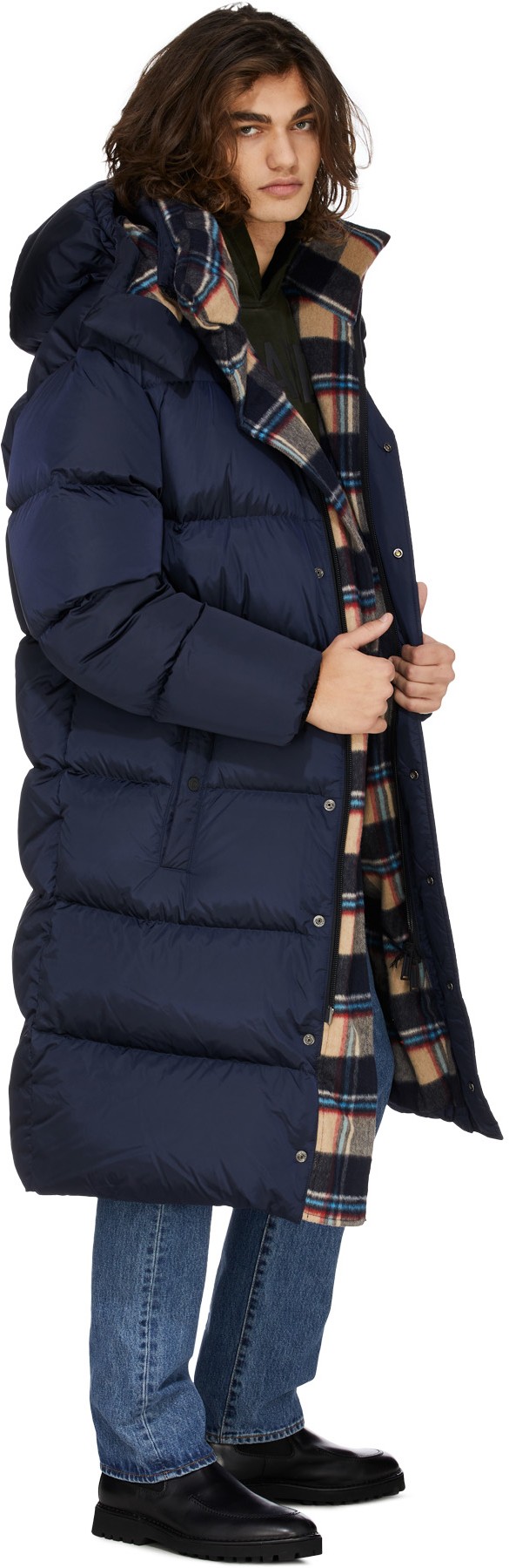 Dsquared2: Blue Check Wool Long Puffer Coat - 5