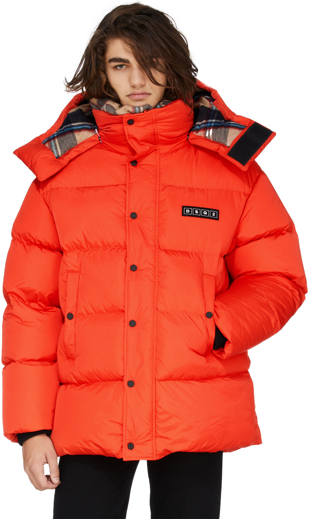 Dsquared2: Orange Check Wool Puffer Jacket - 4