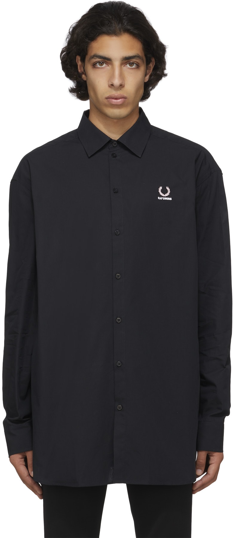 Fred Perry x Raf Simons: Black Raf Simons Oversized Embroidered Shirt - 1