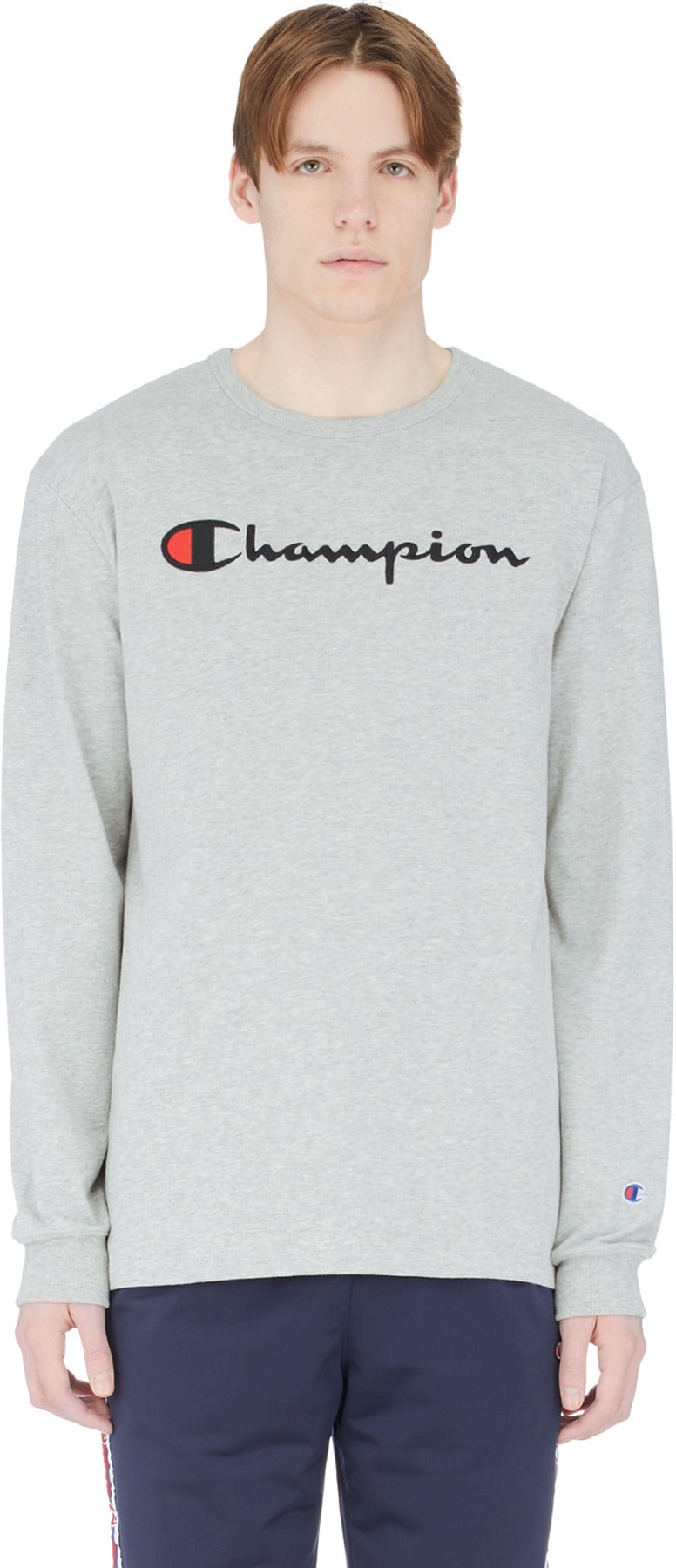 Champion: Grey Long Sleeve Script Knit T-Shirt - 1