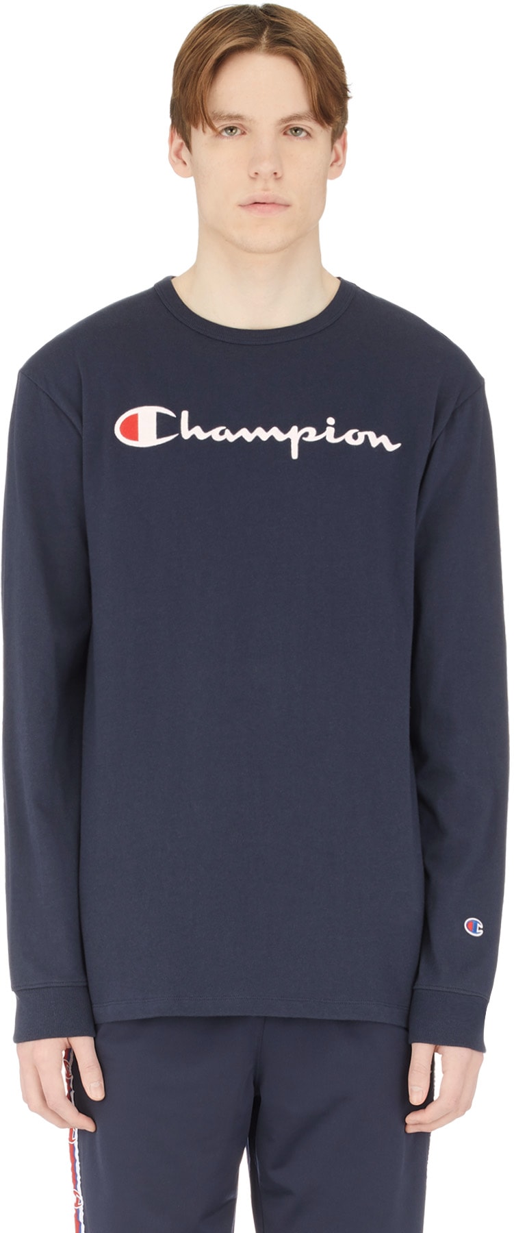 Champion: Bleu T-Shirt à Manches Longues Logo Script Bleu - 1