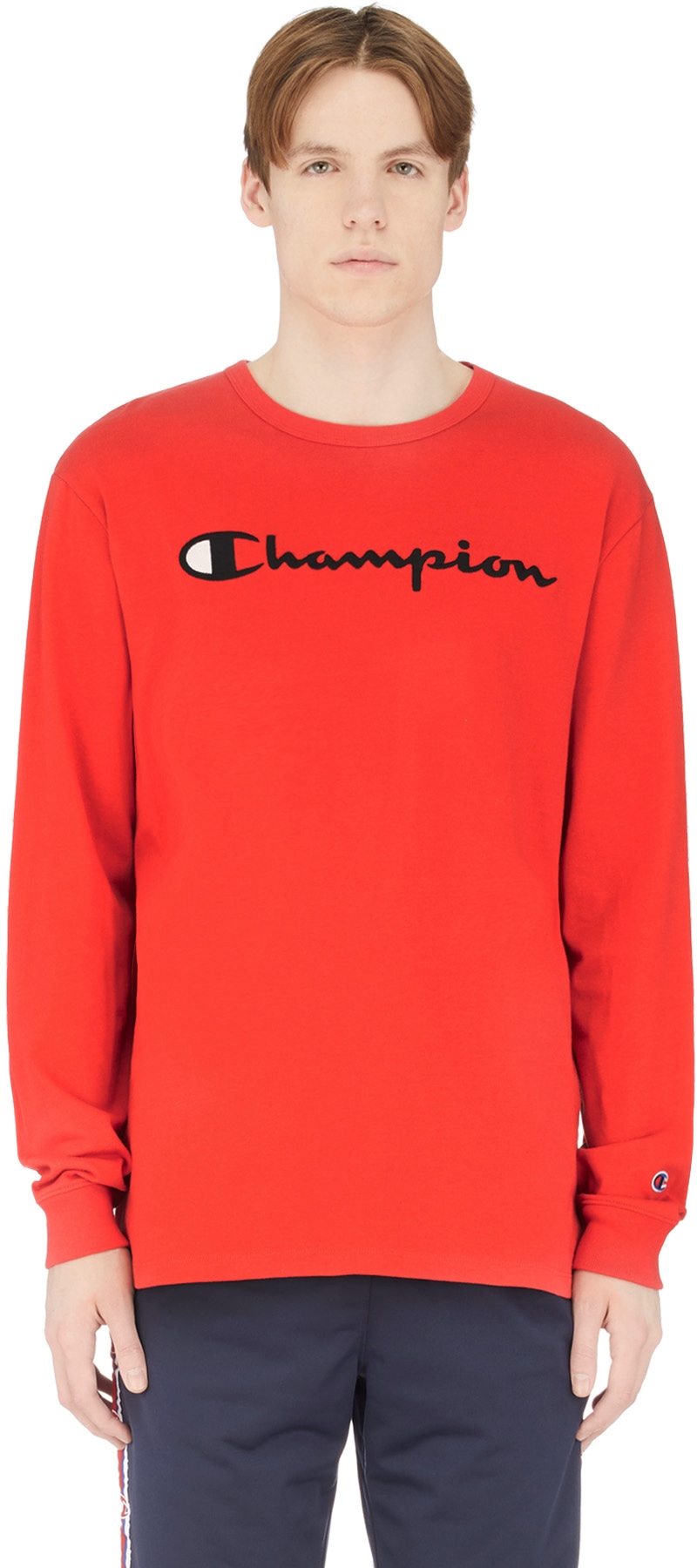 Champion: Red Long Sleeve Script Logo T-Shirt - 1