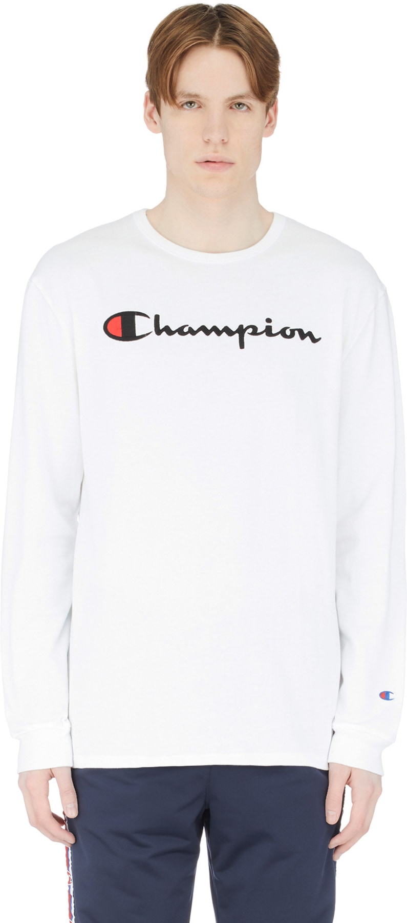 Champion: White Long Sleeve Script Knit T-Shirt - 1