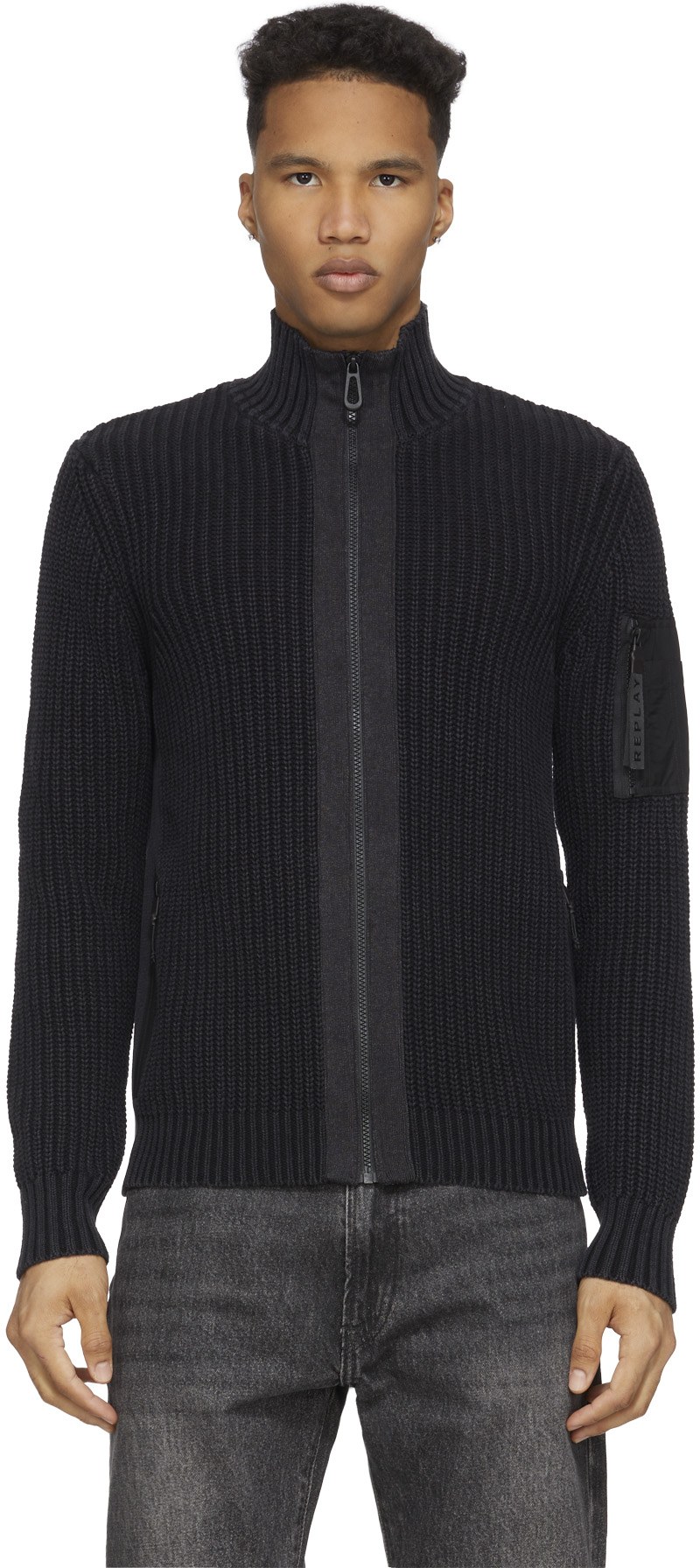 REPLAY: Black Aged Eco Zip Cotton Cardigan - 1