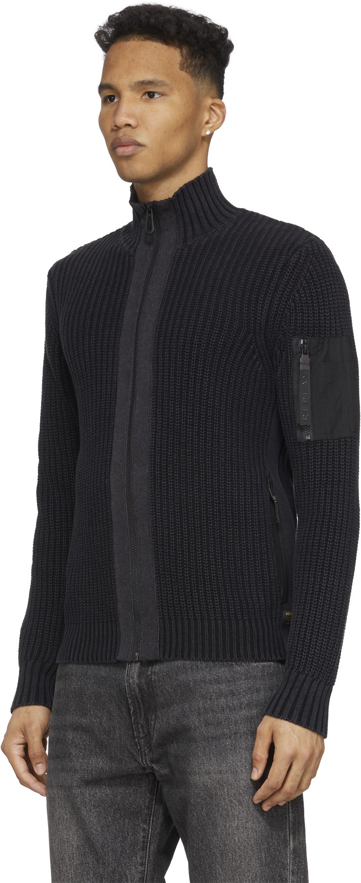 REPLAY: Black Aged Eco Zip Cotton Cardigan - 2