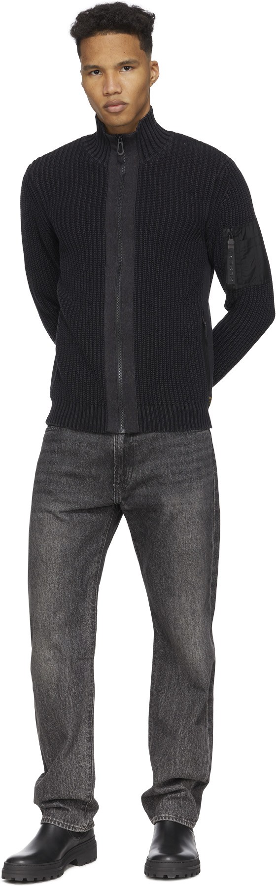 REPLAY: Black Aged Eco Zip Cotton Cardigan - 4