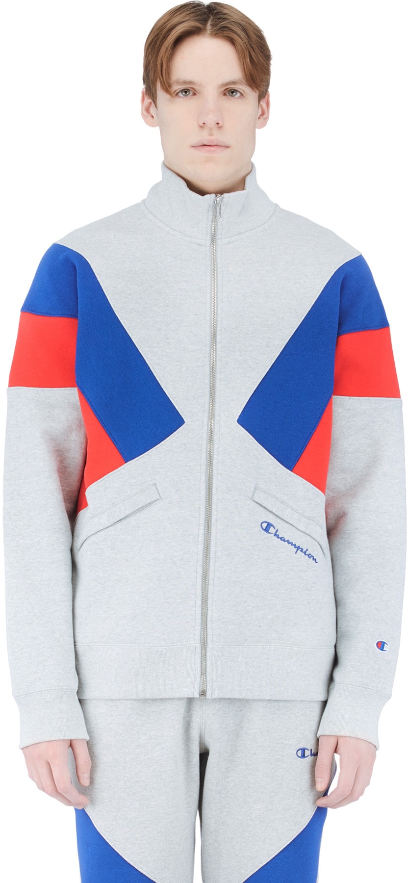 Champion: Grey Reverse Weave Colorblock Track Jacket - 1