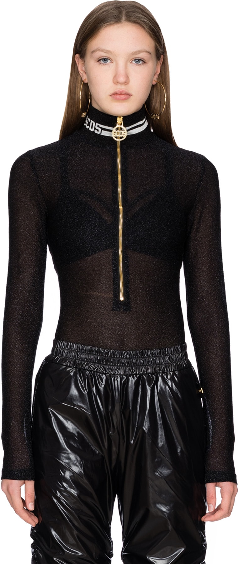 GCDS: Black Lurex Logo Zip Bodysuit - 1