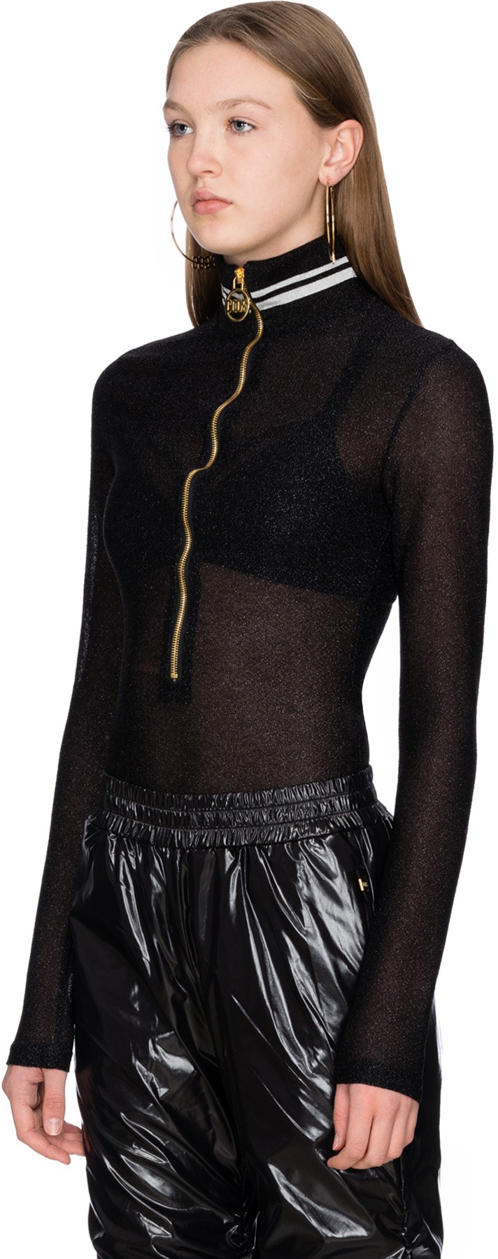 GCDS: Black Lurex Logo Zip Bodysuit - 2