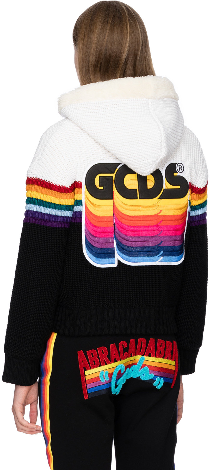 GCDS: Black Crop Rainbow Zip Hoodie - 3