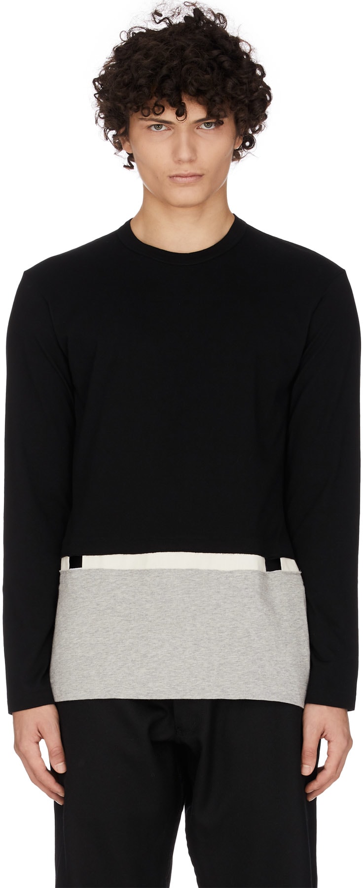 Comme des Garçons Shirt: Black Layered Cut-Out Crew Sweater - 1