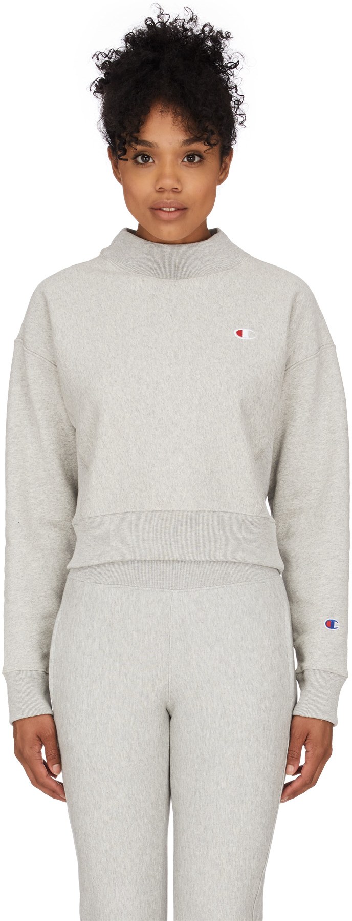 Champion: Grey Reverse Weave Mock Neck Crop Pullover - 1