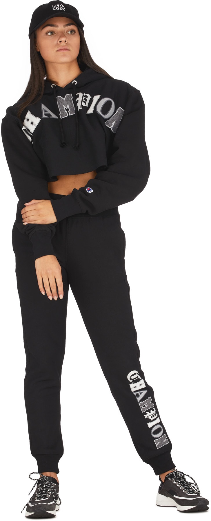 Champion: Black Reverse Weave Old English Crop Cut Off Hoodie - 4