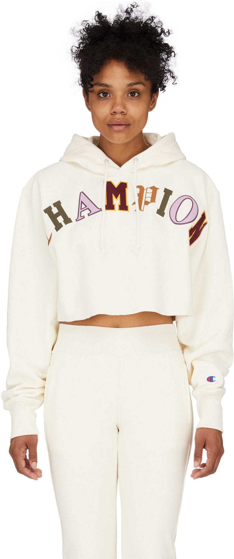 Champion: White Reverse Weave Old English Crop Cut Off Hoodie - 1