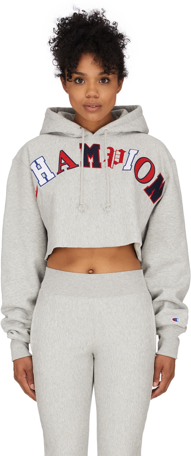 Champion: Grey Reverse Weave Old Enlgish Crop Cut Off Hoodie - 1