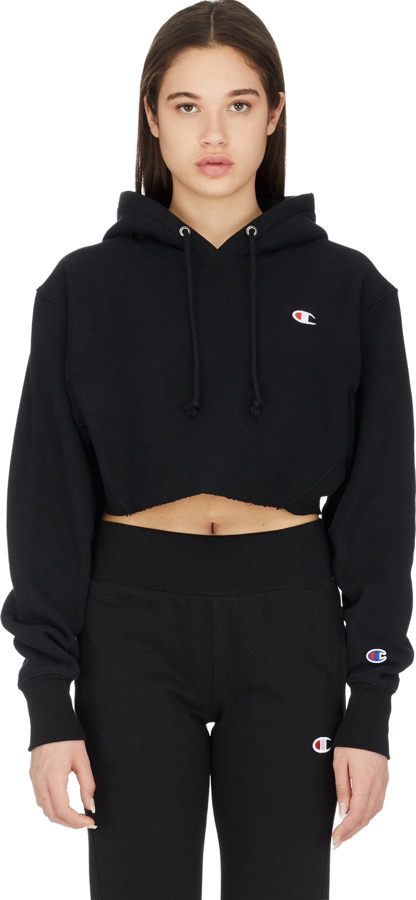 Champion: Black Reverse Weave Crop Cut Off Hoodie - 1