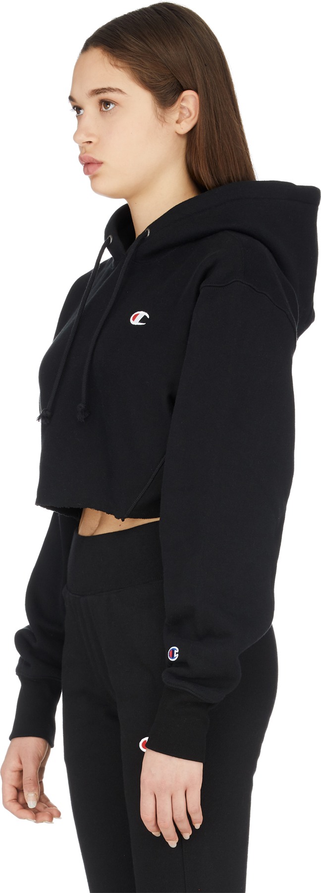 Champion: Black Reverse Weave Crop Cut Off Hoodie - 2