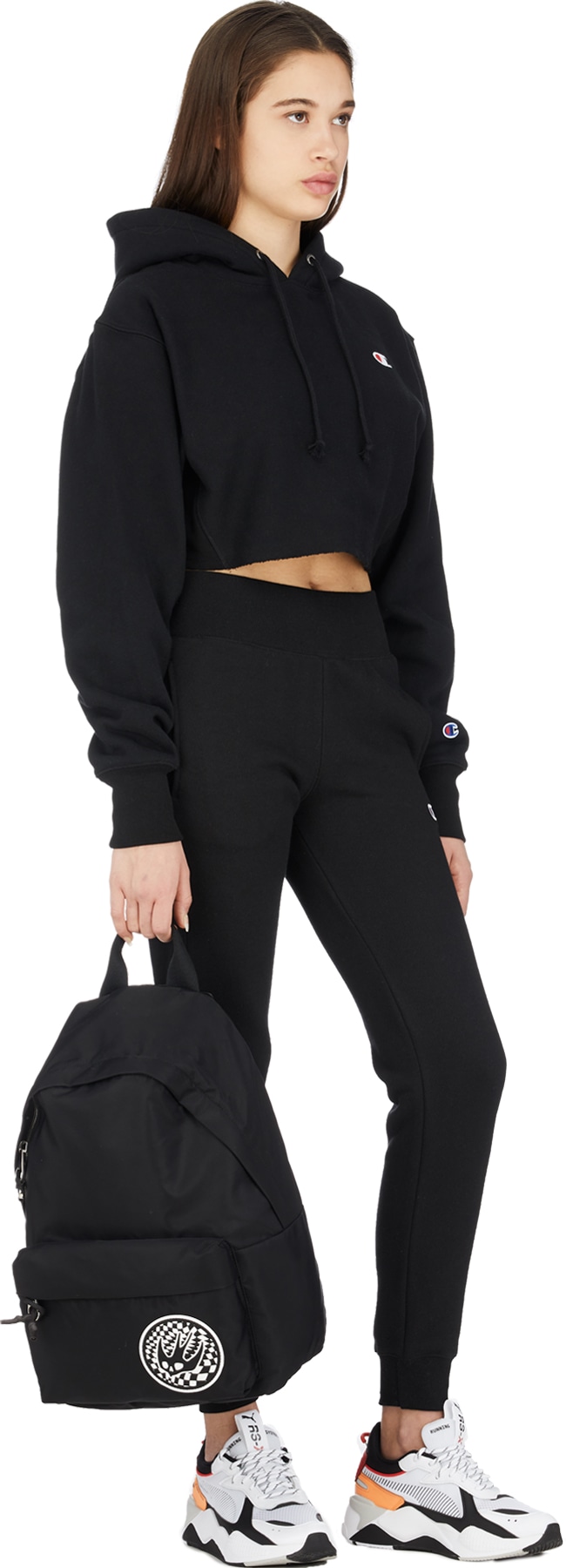 Champion: Black Reverse Weave Crop Cut Off Hoodie - 4