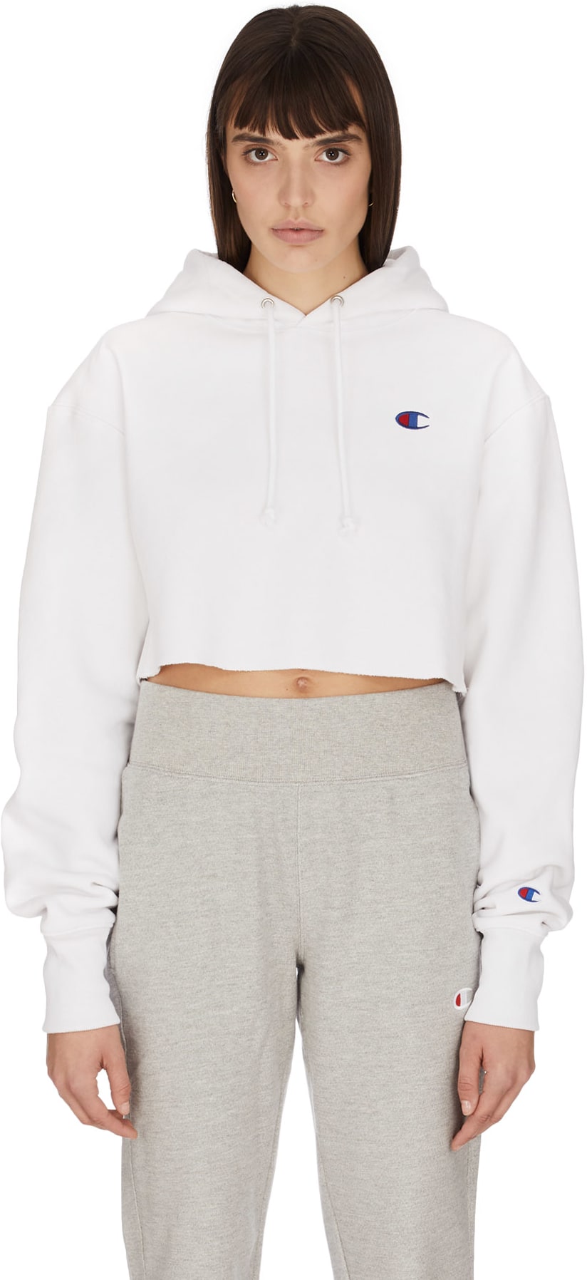 Champion: White Reverse Weave Cropped Cut Off Hoodie - 1