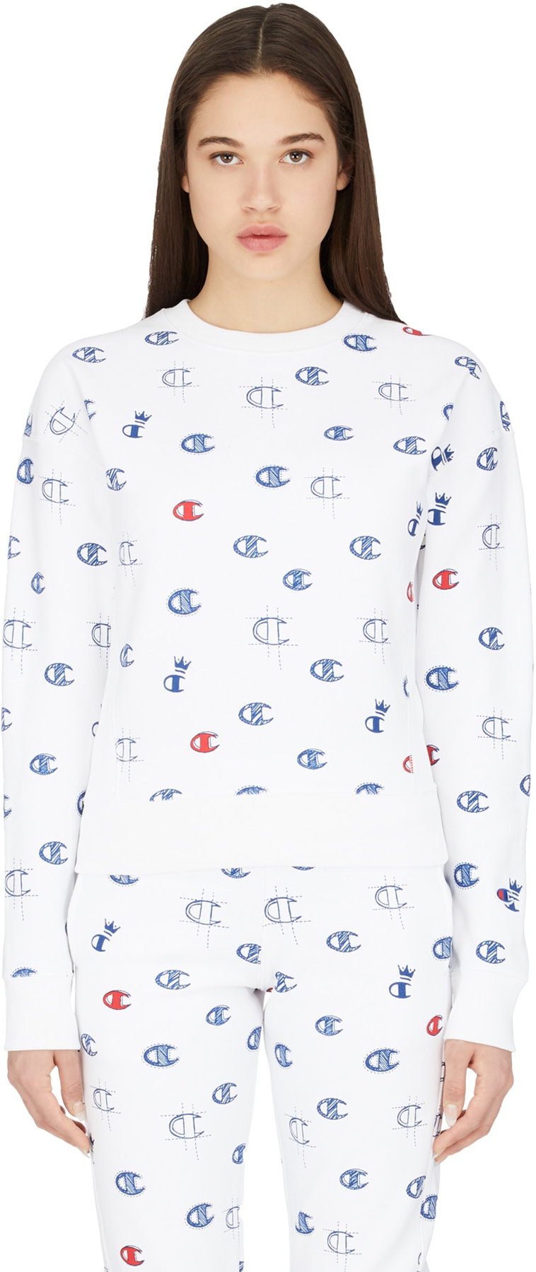 Champion: White Reverse Weave Allover C Print Crew Sweater - 1