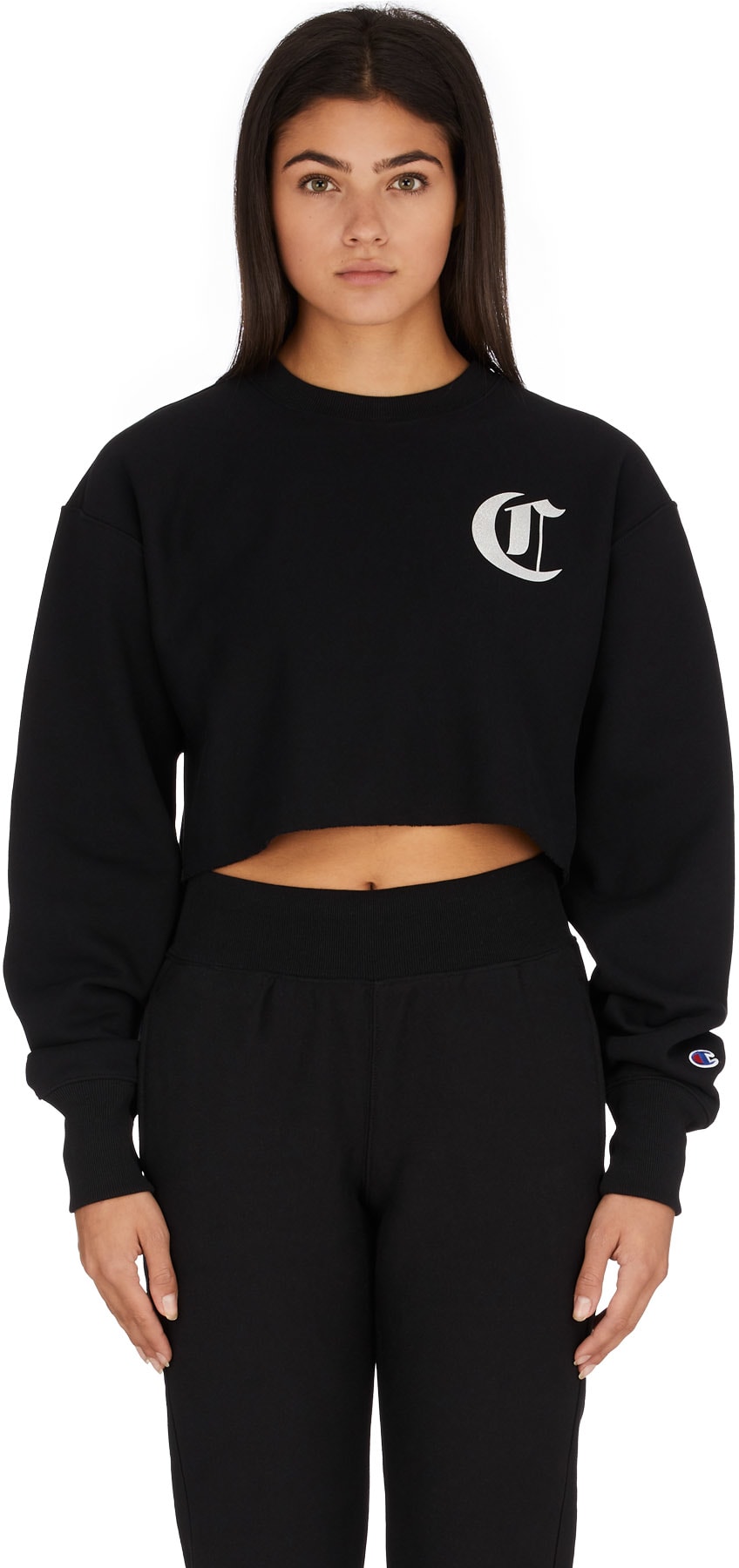 Champion: Black Reverse Weave Old English Crop Cut Off Crew Sweater - 1