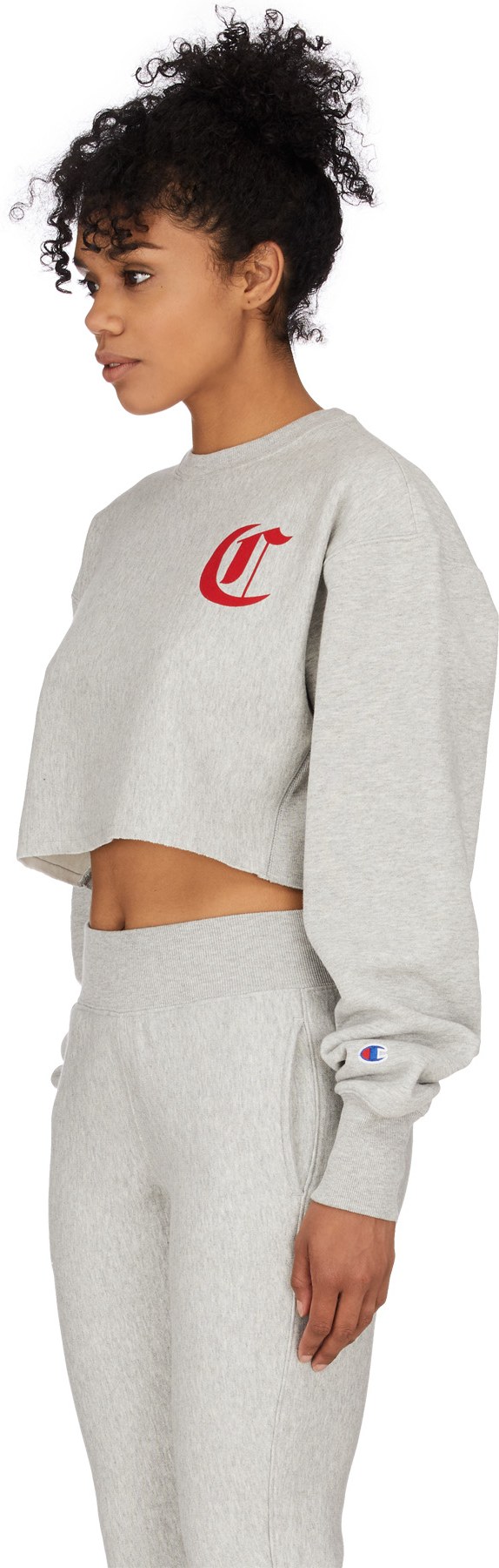 Champion: Grey Reverse Weave Old English Crop Cut Off Crew Sweater - 2