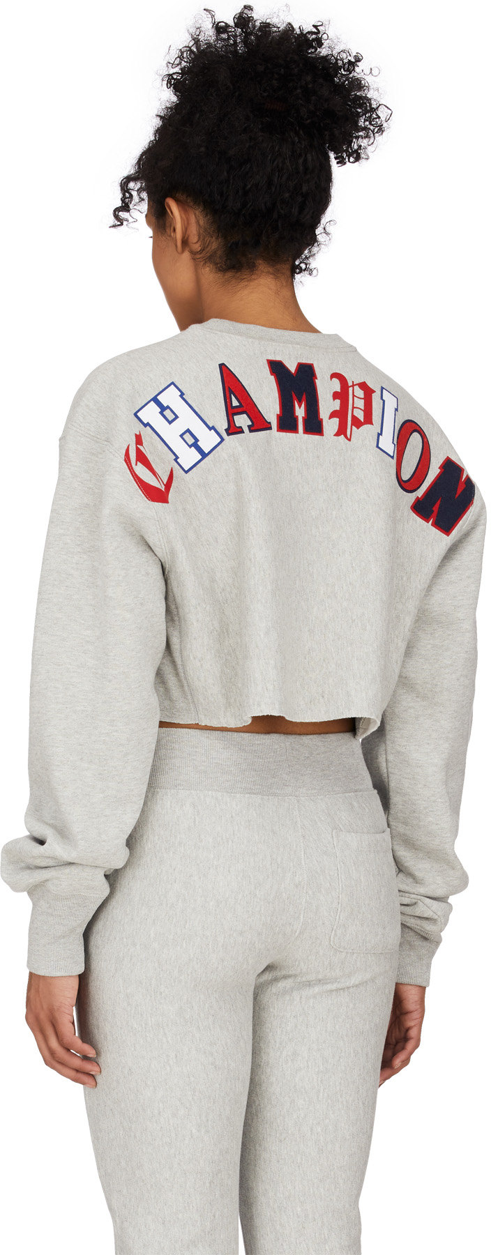 Champion: Grey Reverse Weave Old English Crop Cut Off Crew Sweater - 3
