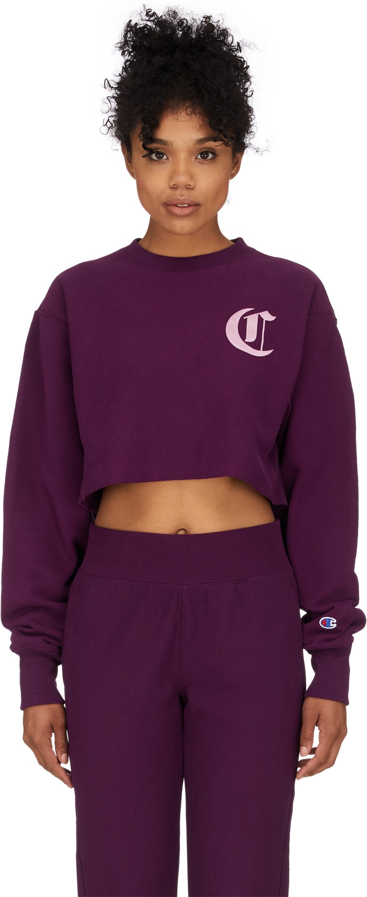 Champion: Purple Reverse Weave Old English Crop Cut Off Crew Sweater - 1