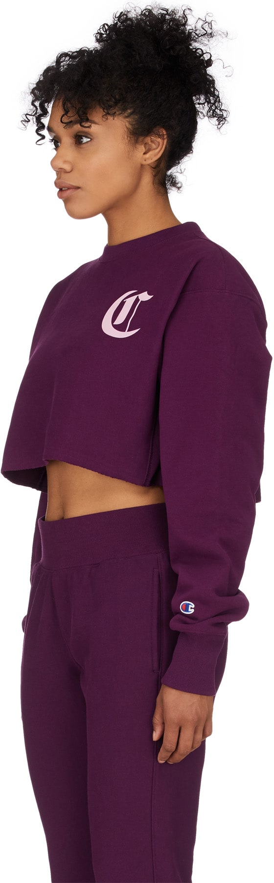 Champion: Purple Reverse Weave Old English Crop Cut Off Crew Sweater - 2