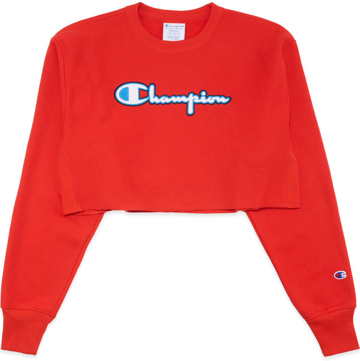 Champion: Red Reverse Weave Chenille Script Crew Sweater - 1