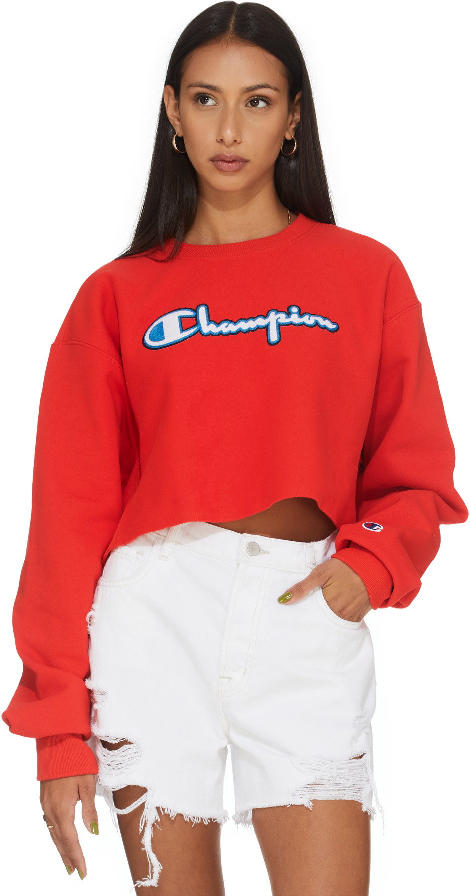 Champion: Red Reverse Weave Chenille Script Crew Sweater - 3