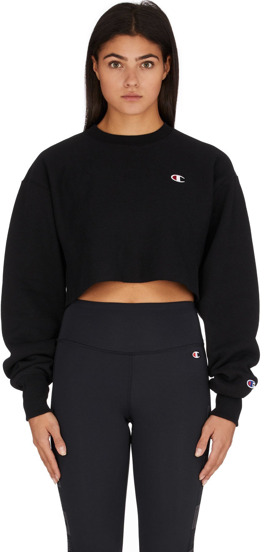 Champion: Black Reverse Weave Crop Cut Off Crew Sweater - 1