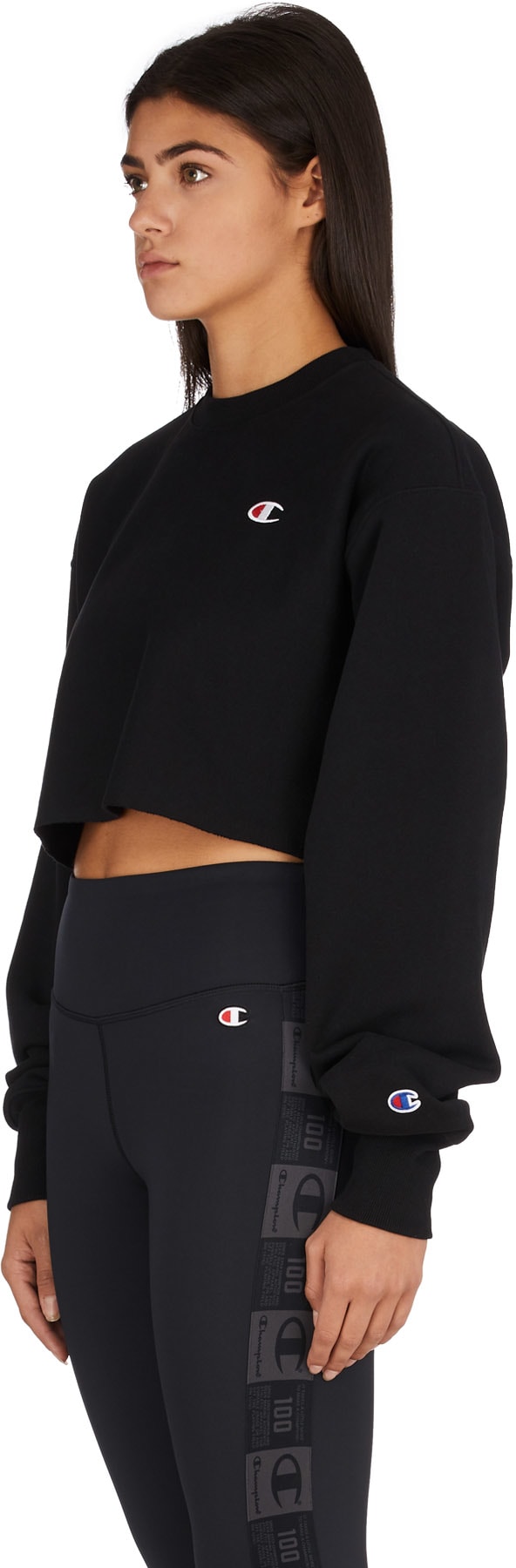 Champion: Black Reverse Weave Crop Cut Off Crew Sweater - 2