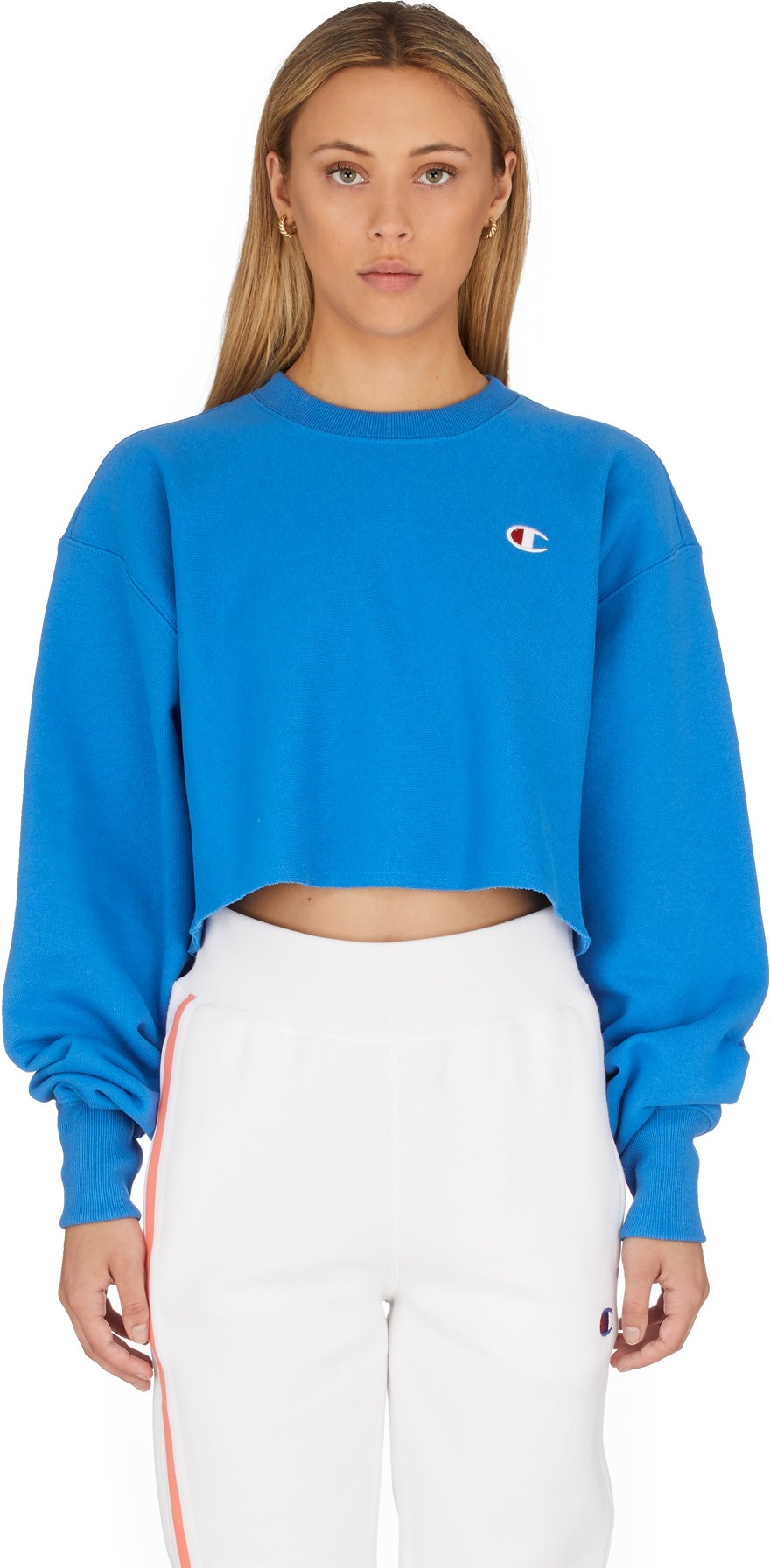 Champion: Blue Reverse Weave Crop Cut Off Crew Sweater - 1